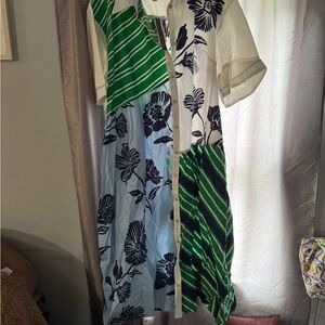 Anthropologie Green, White & Navy Patchwork Button-Front Dress